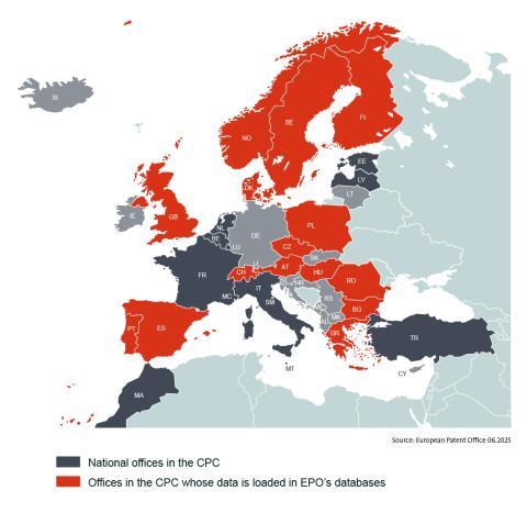 The map shows which EPO member states and validation states are in the CPC, and which ones are exchanging their CPC data with the EPO